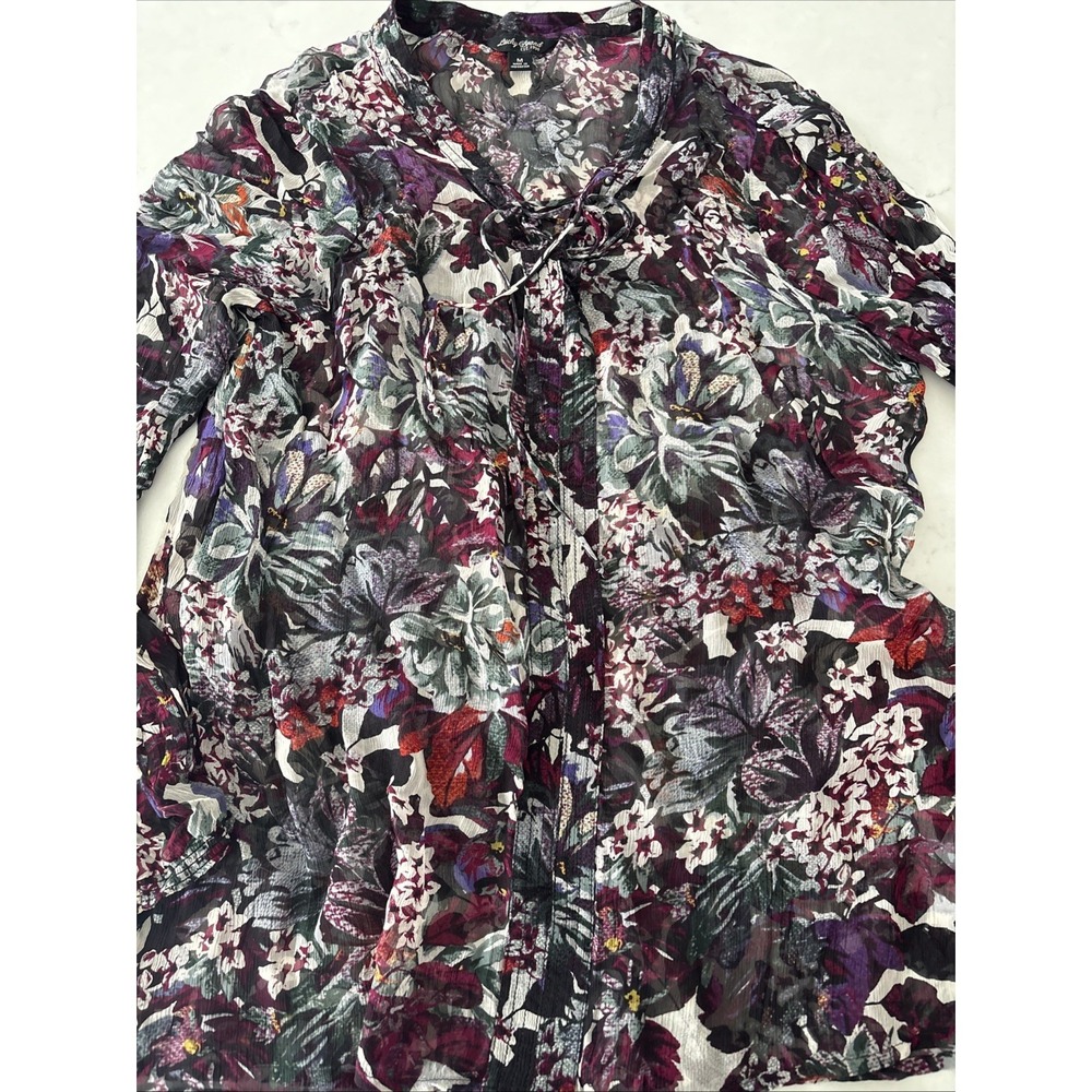 Lucky Brand Bohemian Tie Neck Floral Long Sleeve Peasant Blouse Womens M Sheer